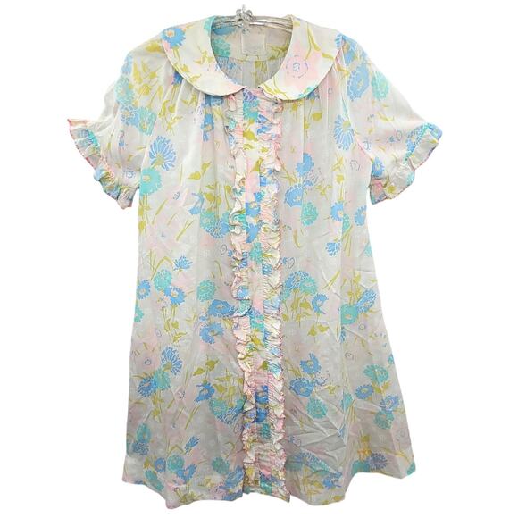 Lougers Vintage Bright Pink Blue Ruffle Front Cottagecore House Dress - Picture 1 of 12